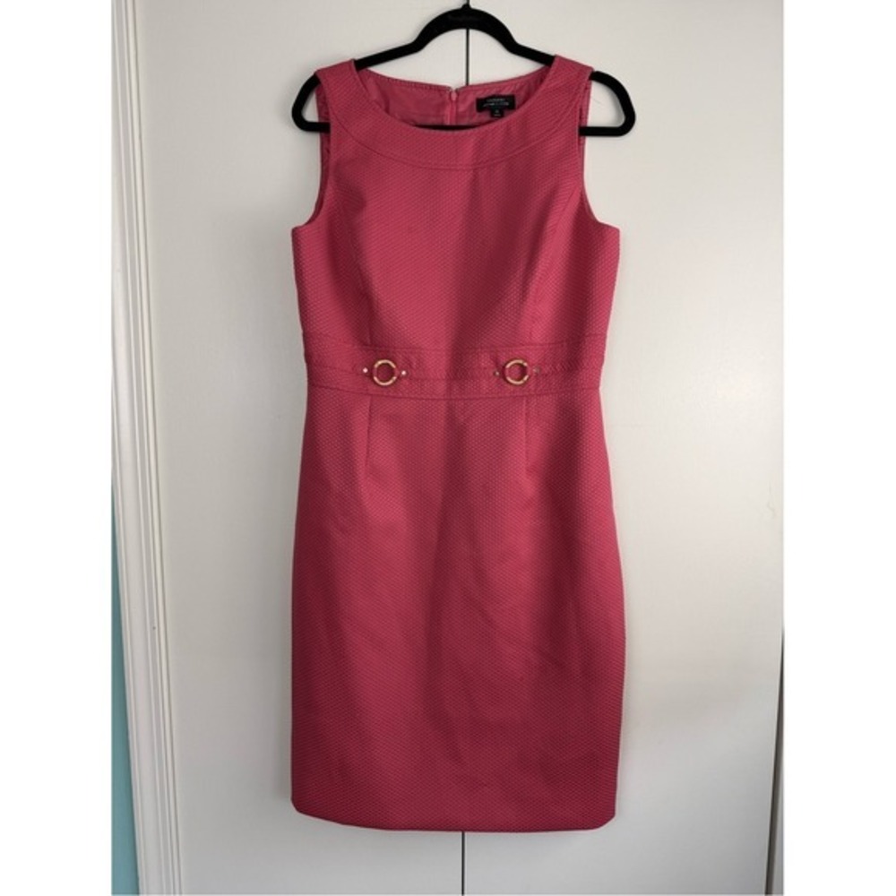 Tahari Arthur S. Levine Fuchsia Pink Textured Sheath Dress Belt Accents 10 - Picture 3 of 15